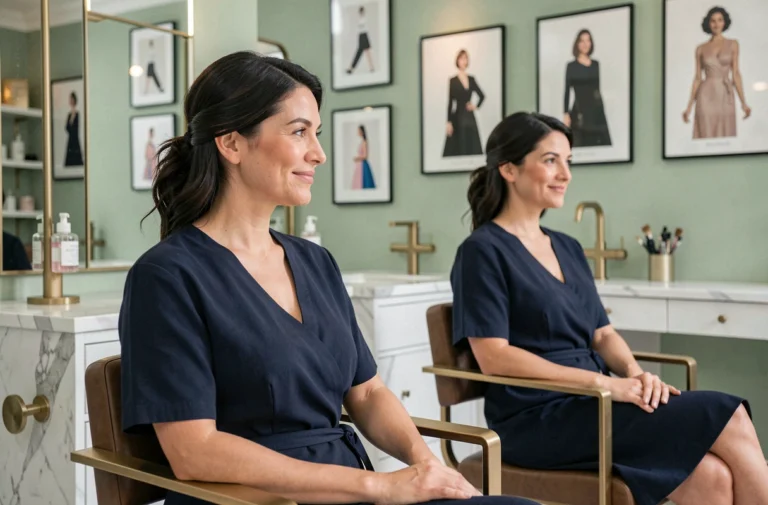 Femme parisienne découvrant son nouveau look dans un salon de relooking élégant, regard confiant dans le miroir