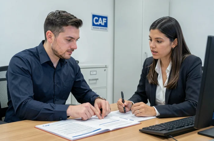 Un homme en rendez-vous avec un conseiller CAF pour finaliser sa demande d'APL