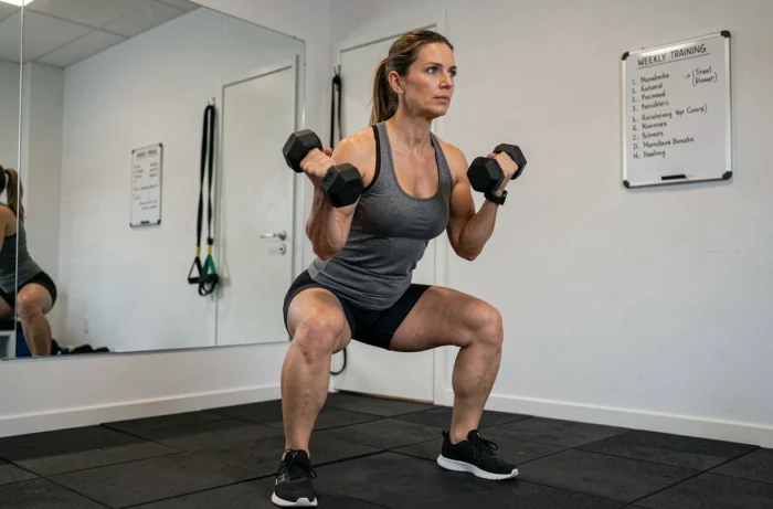 Femme réalisant des squats avec haltères dans une salle de sport à domicile pour le renforcement musculaire et la santé métabolique