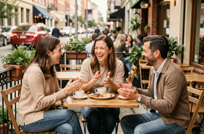 Trois amis adultes réunis en terrasse de café en conversation animée, illustrant la construction d'un réseau social de qualité