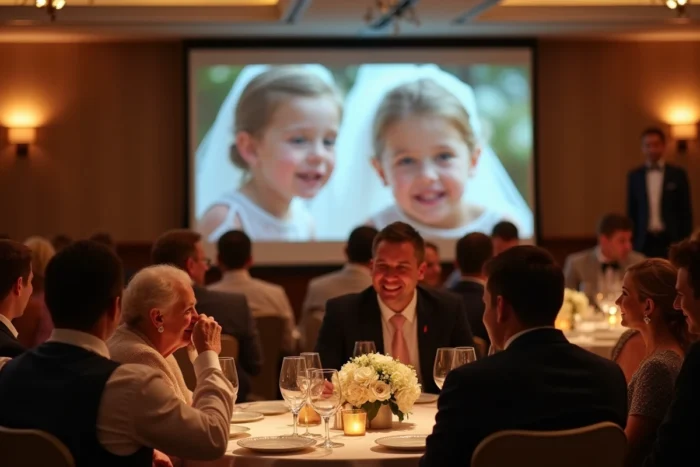 Invités émus regardant une rétrospective vidéo montée par les témoins avec des photos d'enfance des mariés projetées en salle