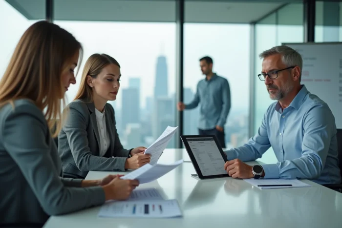 Deux professionnels en réunion consultant des offres d'emploi B2B sur tablette et documents imprimés dans une salle de conférence moderne