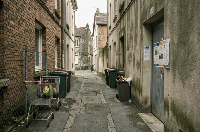 Ruelle étroite entre deux bâtiments résidentiels dégradés dans un quartier de Blois avec poubelles et graffitis