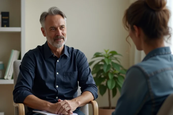 Séance de thérapie psychologique pour le traitement du trouble de stress post-traumatique dans un cabinet médical apaisant