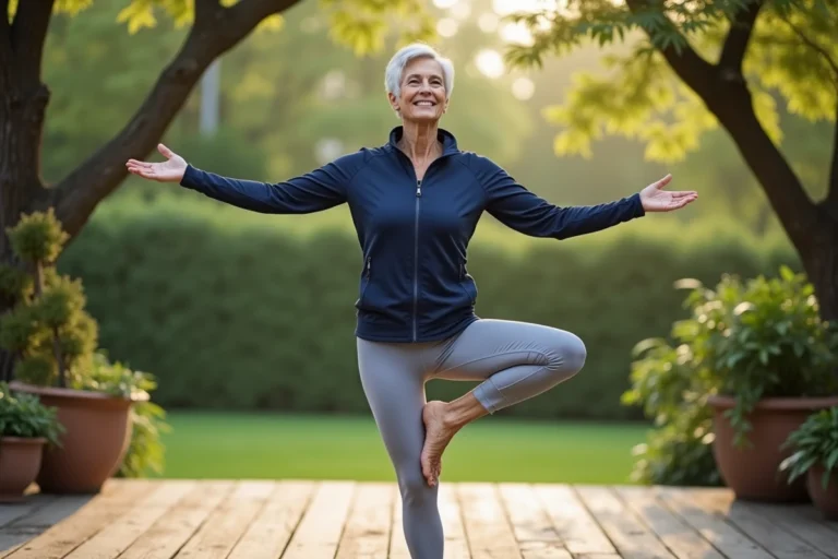 Femme senior pratiquant le yoga en plein air sur une terrasse en bois entourée de verdure