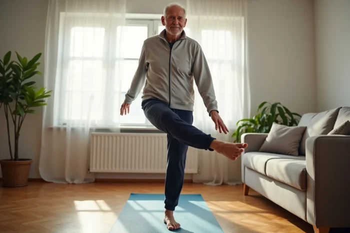 Homme senior de 80 ans pratiquant un exercice d'équilibre de gym douce sur un tapis de yoga dans son salon