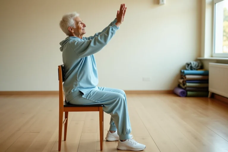 Femme senior de 80 ans faisant des exercices de gym douce assise sur une chaise dans une salle communautaire
