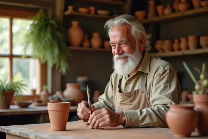 Homme senior concentré sur la peinture de céramique dans un atelier artisanal chaleureux