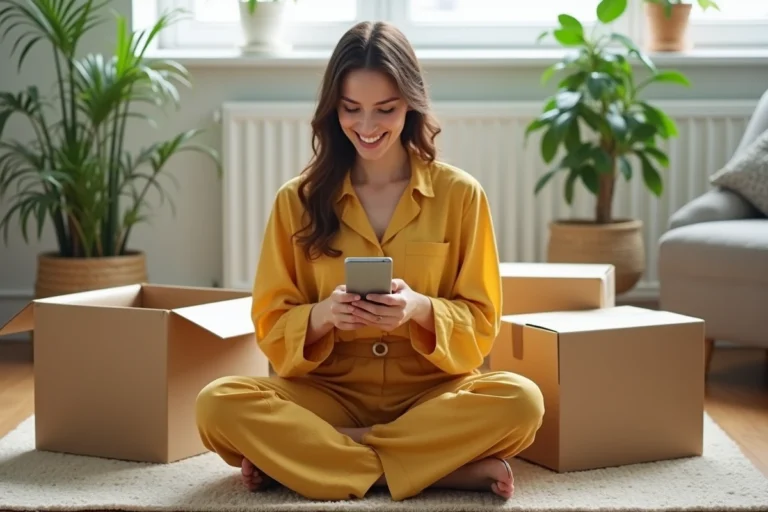 Jeune femme découvrant des articles tendance commandés en ligne, entourée de boîtes de livraison dans un salon scandinave