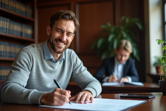 Homme signant un contrat d'achat immobilier chez un notaire dans un bureau formel
