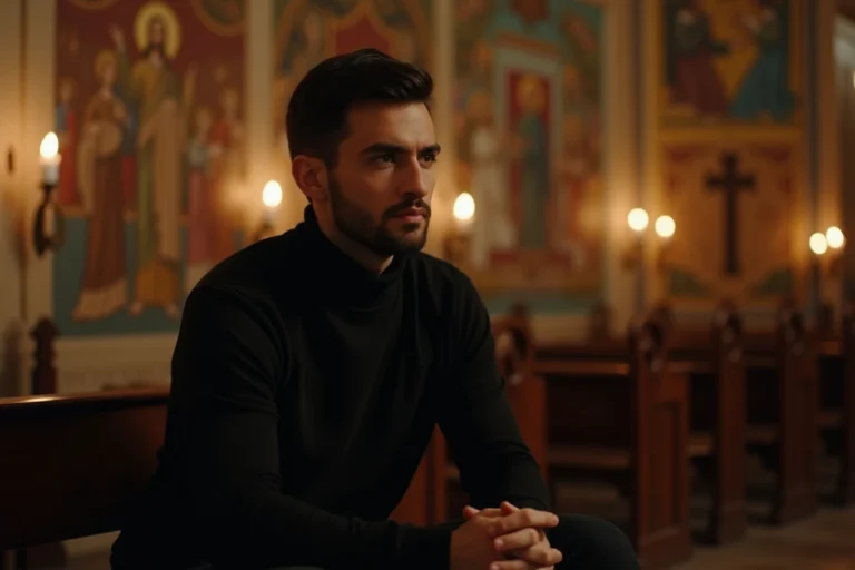 Jeune homme méditatif dans une église orthodoxe éthiopienne ornée de fresques bibliques et de croix en bois, illustrant la spiritualité et les racines religieuses de The Weeknd