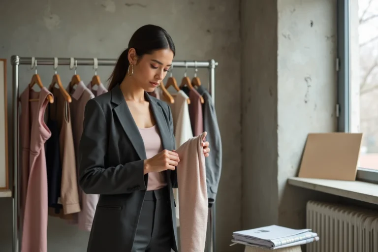 Styliste de mode professionnelle examinant des mensurations et des patrons dans un studio éditorial moderne entouré de magazines et de mètres ruban
