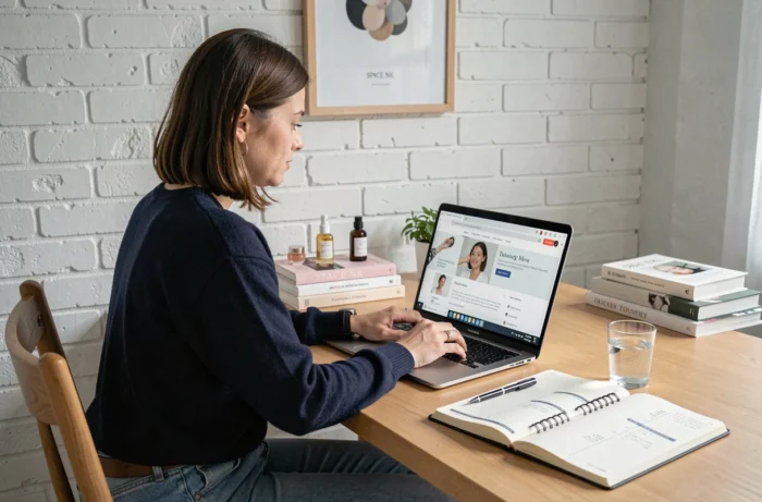 Femme consultant le site Space NK sur ordinateur pour suivre sa commande et les délais de livraison en France