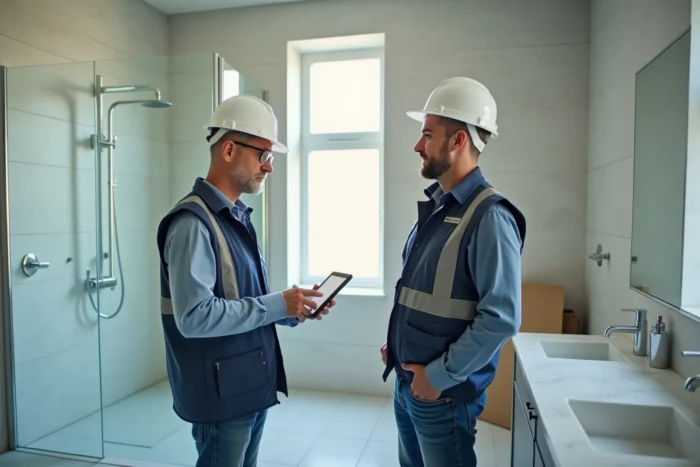 Chef de chantier effectuant un suivi de travaux dans une salle de bain rénovée avec tablette numérique