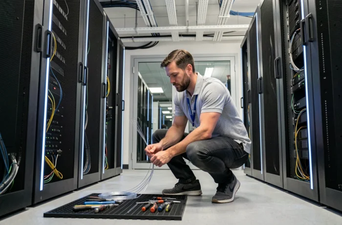 Technicien informatique installant des câbles fibre optique dans un datacenter de collectivité territoriale