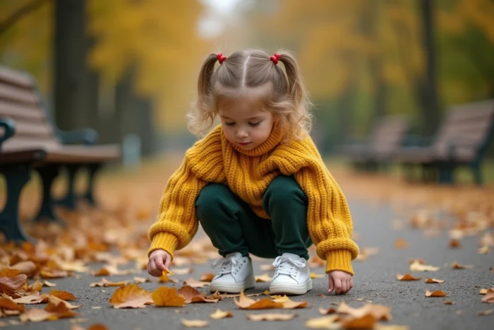 Petite fille en pull jaune moutarde et pantalon velours vert, tendances mode enfant automne