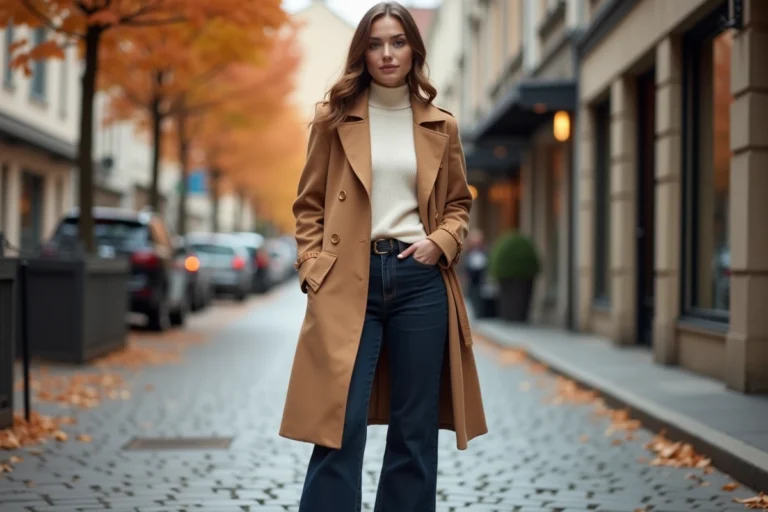Femme élégante en manteau camel et jean large, tendances mode automne-hiver pour femme