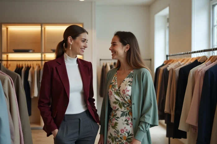 Deux femmes découvrant les nouvelles tendances mode dans une boutique contemporaine, blazer et robe midi