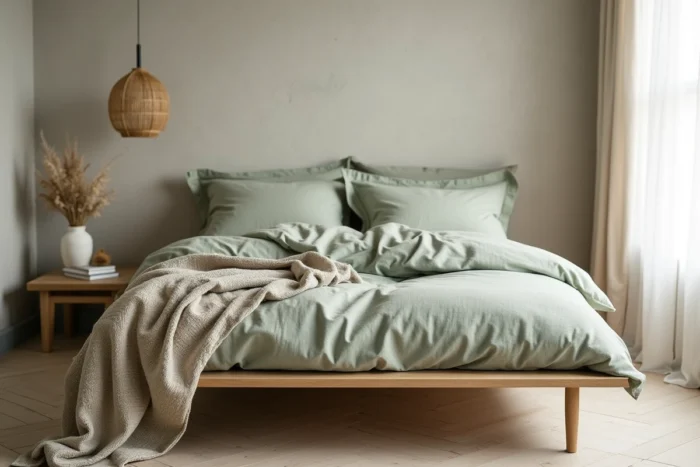Chambre habillée de textiles en lin lavé aux tons doux, avec literie froissée naturellement et accessoires en matières brutes