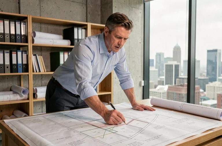 Urbaniste étudiant un plan de masse pour anticiper la redevance d'archéologie préventive sur un projet de construction