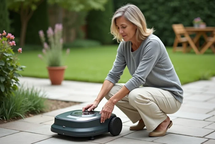 Femme utilisant le panneau de commande de la tondeuse robot Gardena Sileno sur une terrasse en pierre dans un jardin