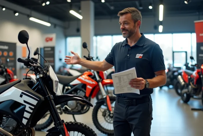 Vendeur en concession moto présentant deux modèles de moto cross 125 homologuées dans un showroom moderne