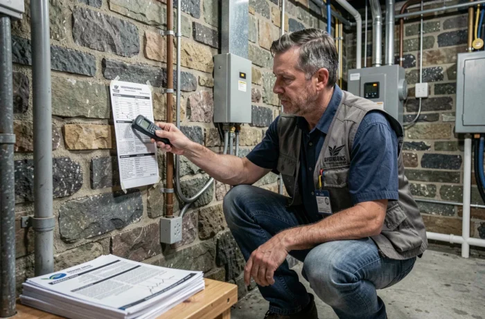 Un diagnostiqueur immobilier vérifie l'humidité d'un mur en cave avec un appareil de mesure