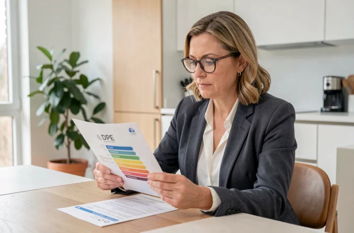 Une femme examine attentivement un document DPE avec l'étiquette énergie visible sur la table