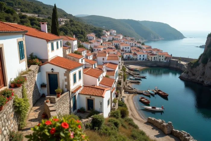 Vue panoramique d'un village de pêcheurs portugais avec maisons blanchies et bateaux dans le port