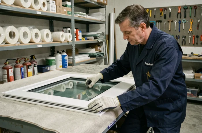 Vitrier professionnel inspectant un double vitrage déposé sur établi dans un atelier de miroiterie