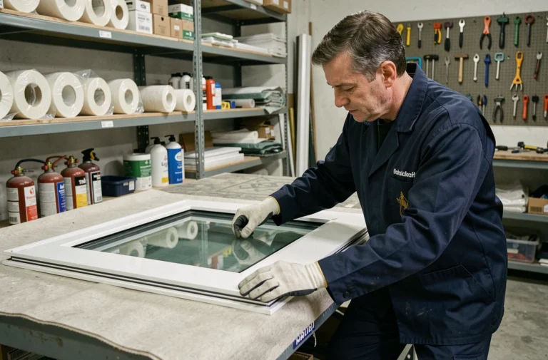 Vitrier professionnel inspectant un double vitrage déposé sur établi dans un atelier de miroiterie