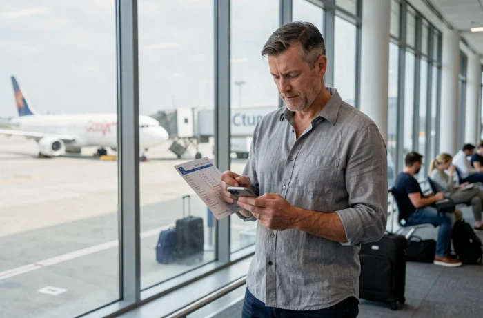 Voyageur consultant son itinéraire et une application de voyage dans un aéroport