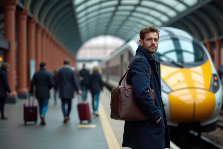 Voyageur sur le quai de St Pancras International devant un train Eurostar, comparaison Eurostar vs TGV