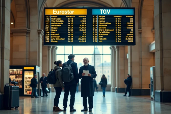 Voyageurs sous les panneaux de départ Eurostar et TGV à la Gare du Nord de Paris