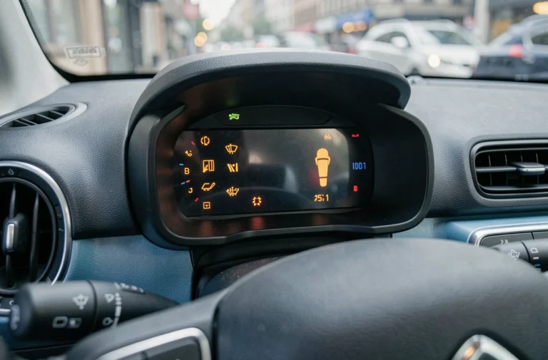 Tableau de bord Citroën C3 électrique avec voyants lumineux allumés en ambre et rouge