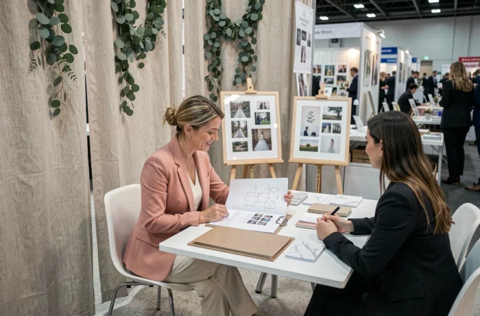 Une wedding planner consultant un couple lors d'un salon du mariage, entourée de moodboards et d'échantillons de papeterie nuptiale.